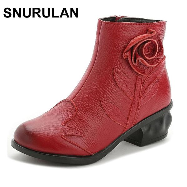 

boots snurulan women fashion vintage genuine leather slip on zip shoes female autumn winter flower thick heel black ankle