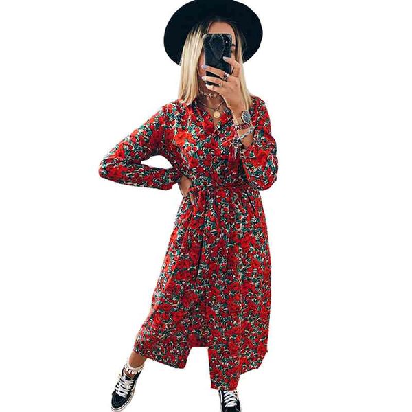 

vintage floral print maxi dress womenautumn boho long sleeve long dress turn down collar button sashes casual shirt dresses robe 210507, Black;gray