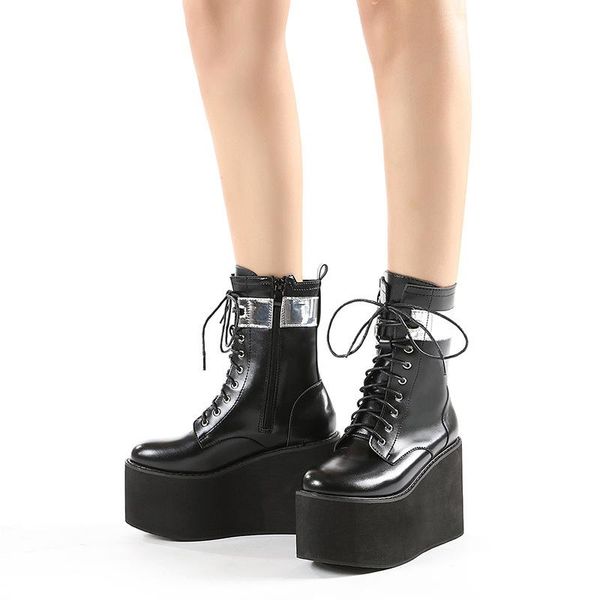

boots gothic platform women ankle 2021 autumn woman lace up punk wedges ladies chunky heels female black solid shoes plus size