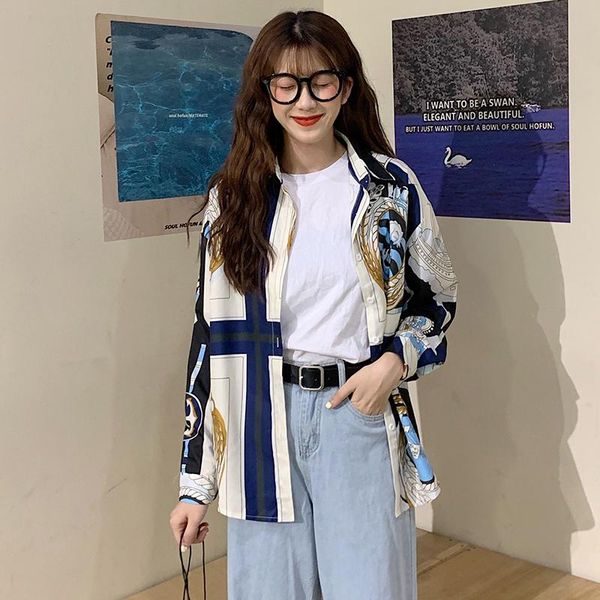 

women's blouses & shirts blusas mujer de moda turn-down collar button print streetwear style spring autumn womens and clothing, White