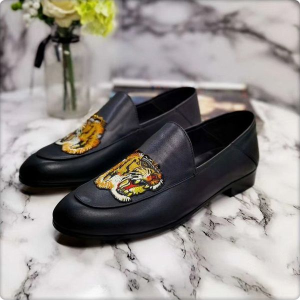 

women men flat casual shoes authentic cowhide metal buckle ladies leather mules princetown tiger sneak trample lazy large dress shoe size 34, Black