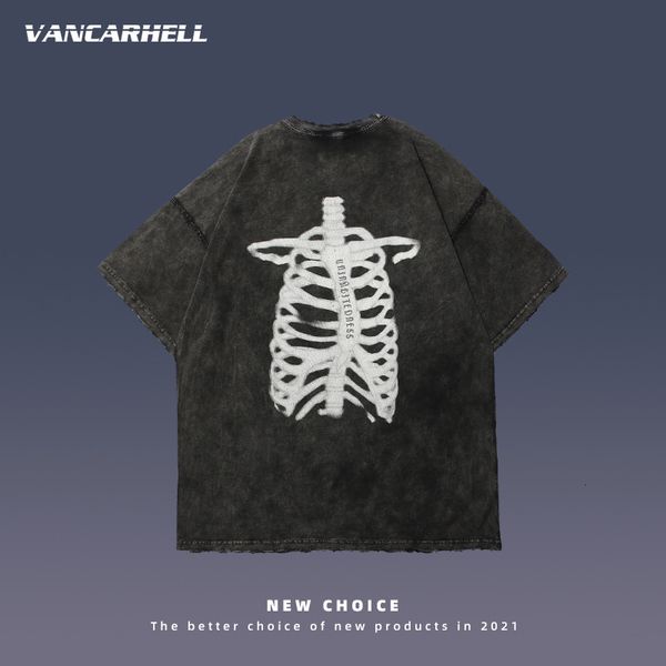 

tee polo sleeve t-shirt men's belly black high street fashion brand used washed bone print hip over size couple's same short, White;black