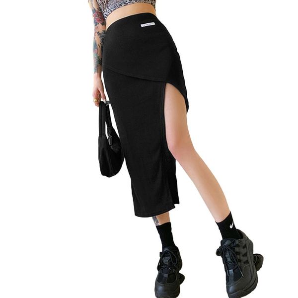 

skirts women bodycon midi skirt soft fabric casual high waist letter print low split wrap elegant chic comfortable, Black