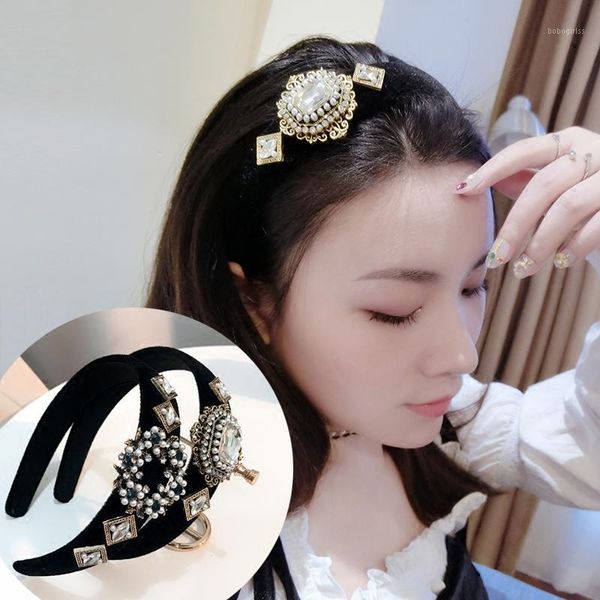 

hairband retro court style baroque rhinestone pearl wide velvet fabric headband hair pressure headdress1