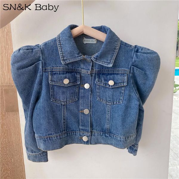 

jackets spring autumn girls denim jacket baby coat children outwear kids streetwear clothes fashion pleated bubble sleeve 1 to 7 yrs, Blue;gray