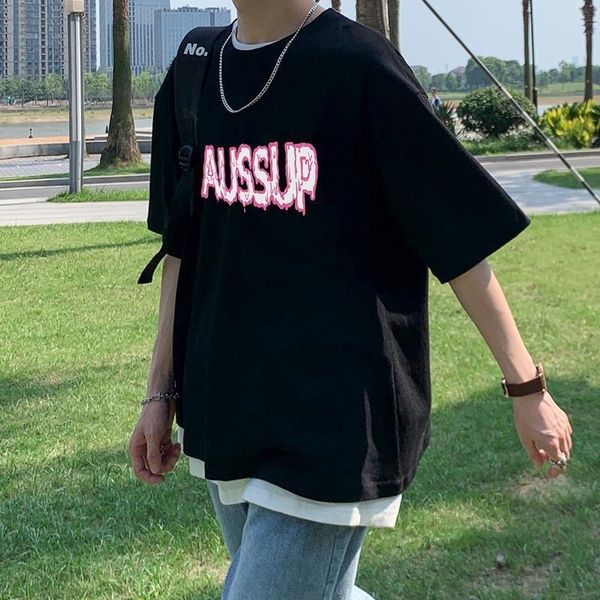 

creative letter printed short t-shirt men's summer trend versatile loose fashion brand cotton half sleeve top, White;black