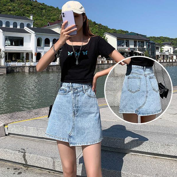 

irregular skirt cross women's summer thin high waist small hip denim short a-line, Black