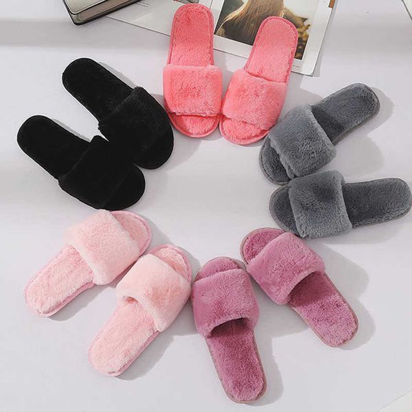 

autumn winter women slippers for home faux fur house slides warm flat shoes women slip on plush floor ladies slippers wsh3749 p0828, Black