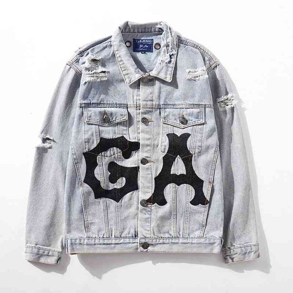 

high street big letter print hole denim coat for men oversize windbreaker washed retro jeans jacekt loose casual couple coats, Black;brown