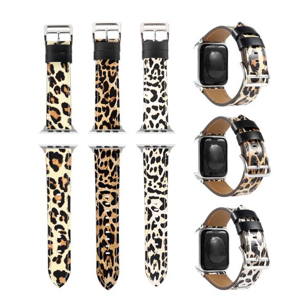 LeoPard Print Кожаный ремешок для Apple Watch Series 6 5 4 Se Bands Sports Bracte Запасной браслет Сменный браслет Сменный браслет Iwatch 38 мм 42 мм 22 мм 40 мм 44 мм.