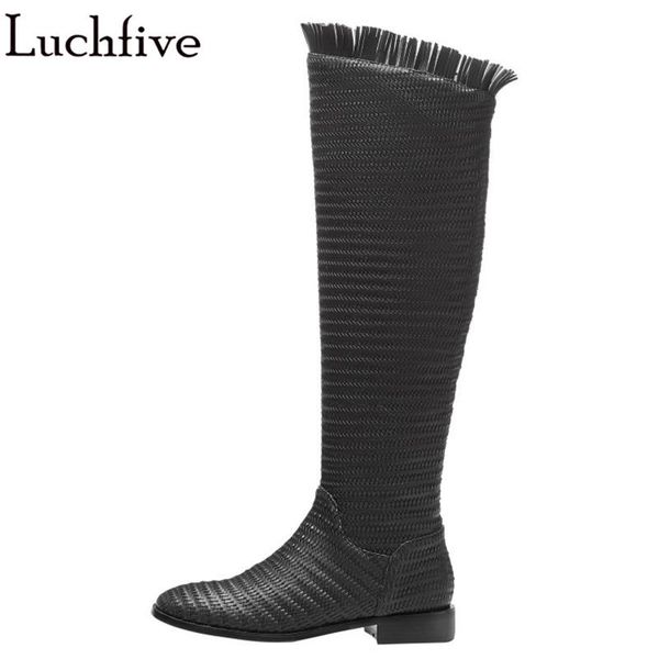 

boots fringe weave women round toe femme square heels shoes woman runway knee high black zapatos mujer