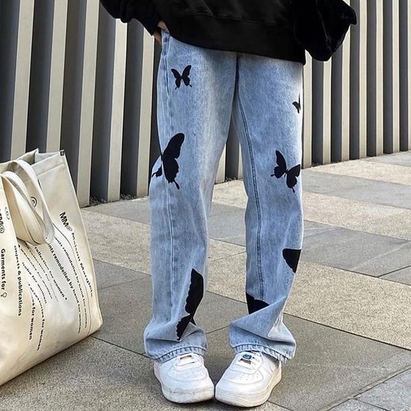 

women's jeans b-toto european and american street butterfly straight high waist slim ins tide mopping pants 2021 fashion, Blue