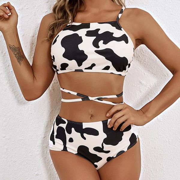 

women's swimwear summer cool and refreshing split swimsuit with chest pad without steel support printed cow pattern bikini, White;black