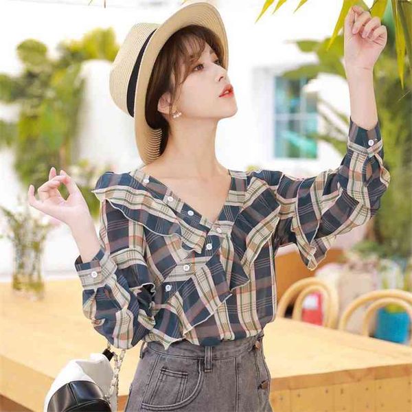 

arrival spring korea fashion women long sleeve v-neck shirts plaid chiffon sweet ruffles blouse female blusas mujer s328 210512, White