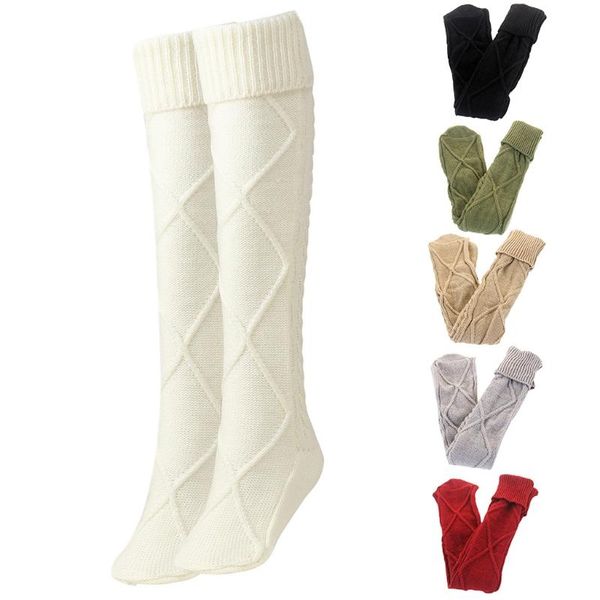 

socks & hosiery style women cable knit diamond pattern thigh high solid color turn cuff crochet over knee extra long stockings winter, Black;white