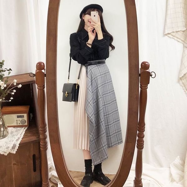 Plus Size Harajuku Cinzento Mulheres Blusa Suits Girl Plissed xadrez Vintage Vintage Saia Vender separadamente 210417