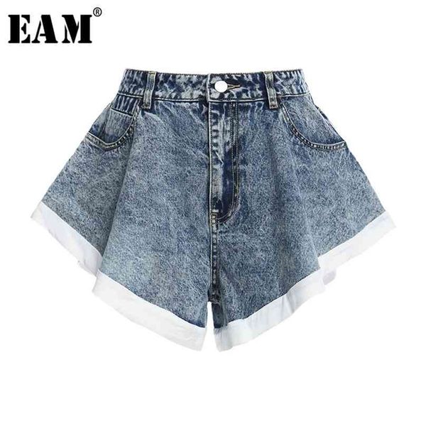 [Eam] Mulheres Denim Blue babados Stitch Largo Perna Shorts Cintura Loose Fit Calças Moda Primavera Verão 1Y104 210719