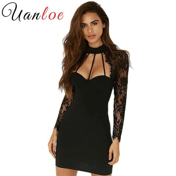 

casual dresses uanloe lace patchwork bodycon dress halter hollow out v-neck party short long sleeve summer women, Black;gray