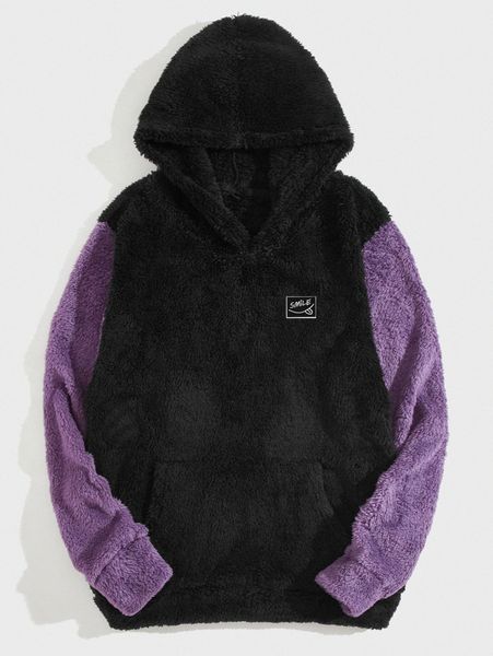 

men letter graphic kangaroo pocket teddy hoodie e87v#, Black