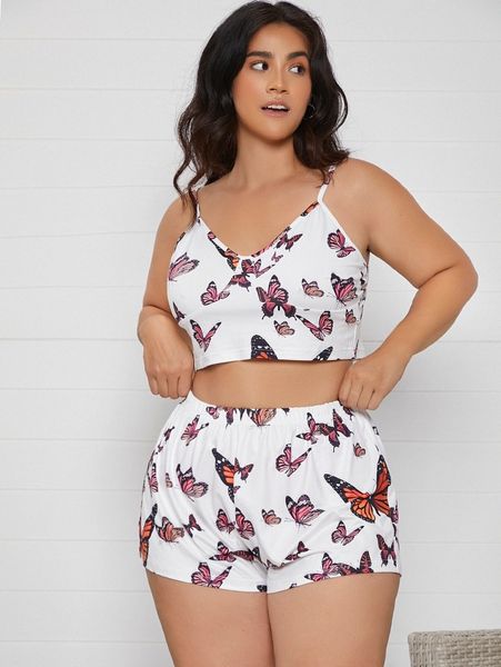 

plus allover butterfly print cami pj set w7ye#, Black;white