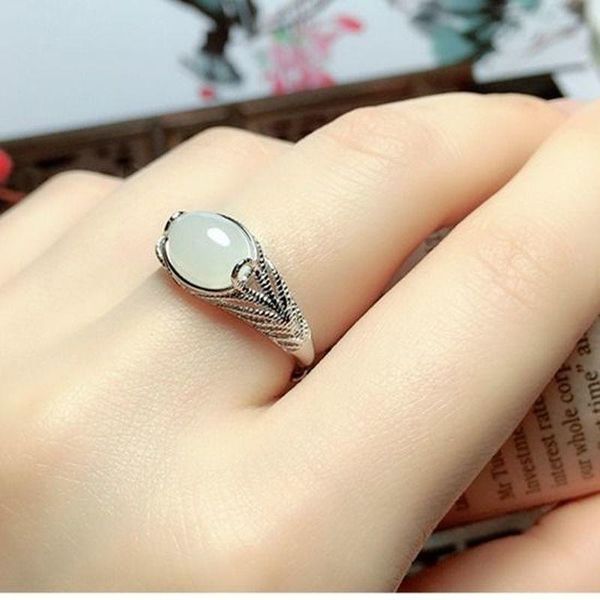 

cluster rings s925 sterling silver chinese style jasper natural hetian white jade gemstone opening index finger ring cold wind, Golden;silver