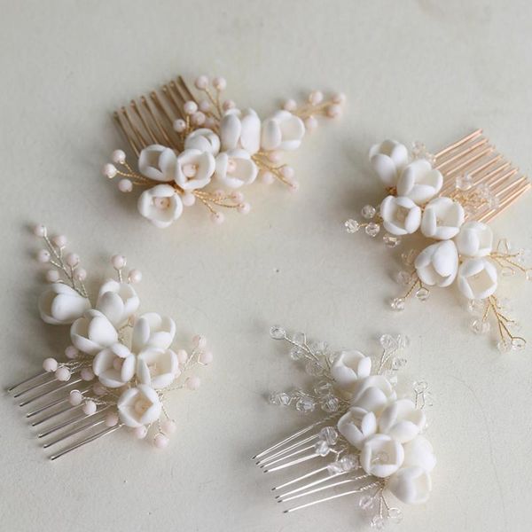 

hair clips & barrettes simple porcelain flower small comb wedding piece crystal bridal headpiece gold silver color women accessories, Golden;silver