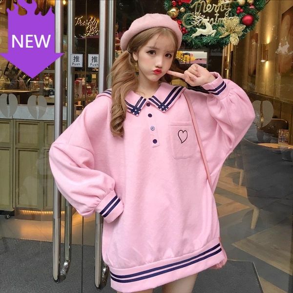 

pink oversized pullover embroidery fleece autumn warm sweatshir japanese harajuku women school uniform sailor collar white blue women's, Black
