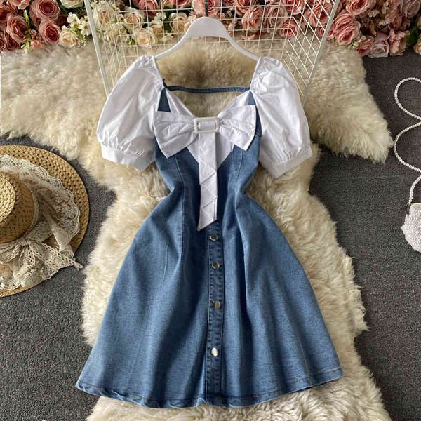 

dress 2021 summer sweet denim for women casual bowknot patchwork single breasted pull sleeve backless mini robe femme zbhh, Black;gray