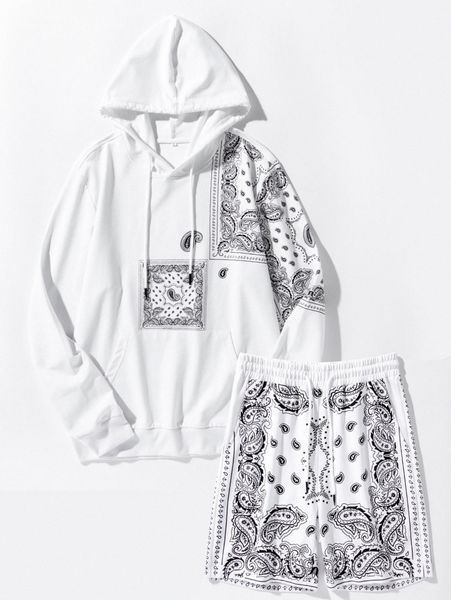 

men paisley scarf print drawstring hoodie & shorts u7sr#, Gray