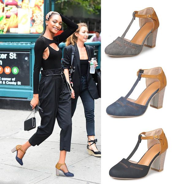 

dress shoes women sandals 2021 arrival t-strap mixed color heeled ankle straps block heels female, Black