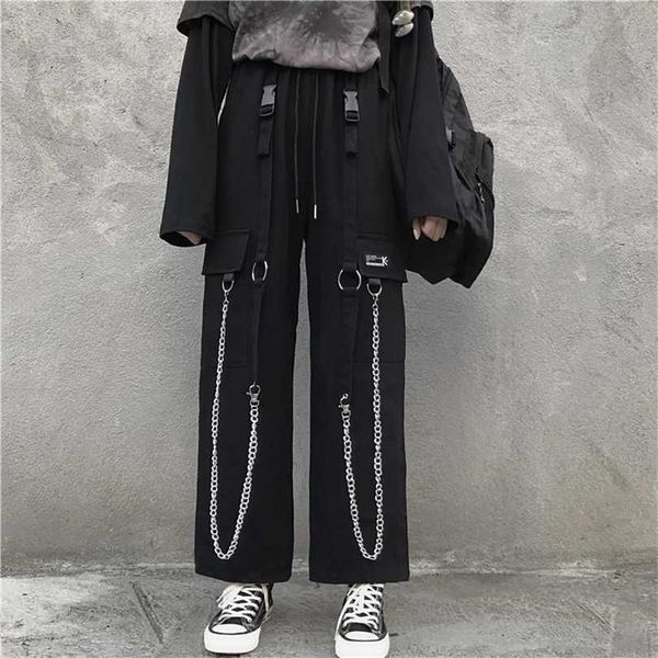 

qweek gothic harajuku cargo pant punk chain wide leg korean style oversized streetwear trousers female techwear emo 211124, Black;white