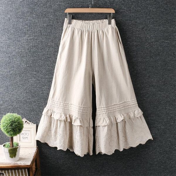 

women's pants & capris summer solid embroidery flower elastic waist wide leg women casual daily wear n821-59, Black;white