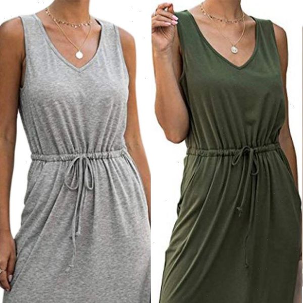 

v neck sleeveless women dresses knee length asymetrical dress summer drawstring high waist loose solid sundress ladies vestidos, Black;gray