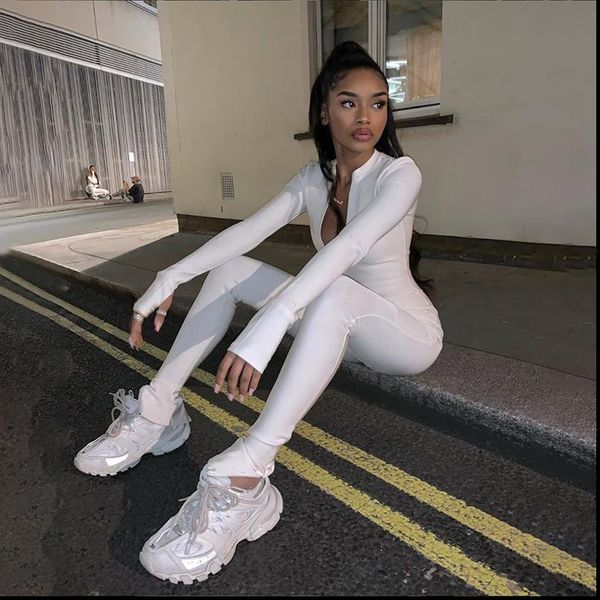 

womens romper fitness solid body rompers jumpsuit lounge wear zipper v neck long sleeve split hem flare bodycon, Black;white