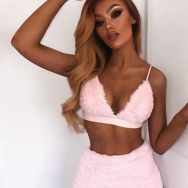 

plus size 2pcs womens tracksuits vest fuzzy plush bodycon crop mini skirt set backless suits party clubwear clothes, Gray