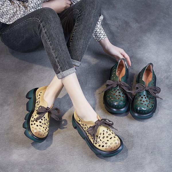 

sandals handmade casual leather lace-up women's single shoes. summer 2021 chunky wedge and hollow woman, Black