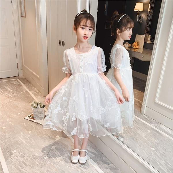 

girls dress summer princess butterfly pattern short sleeve white birthday party for 4-14 years girl's dresses, Red;yellow