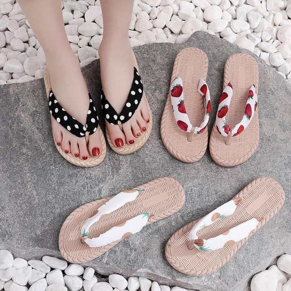 

trend faux cane slippers women cute lovely print strap flat lightweight outdoor beach flip flops causa leisure shoes ladies, Black