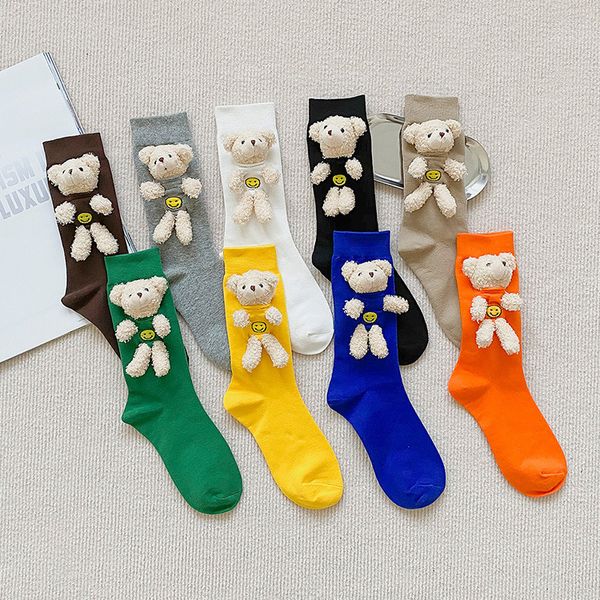 New Plush Doll Bear Female Socks Ins Style Lovely Bear Casual Candy Color Solid Cotton Socks Middle Socks