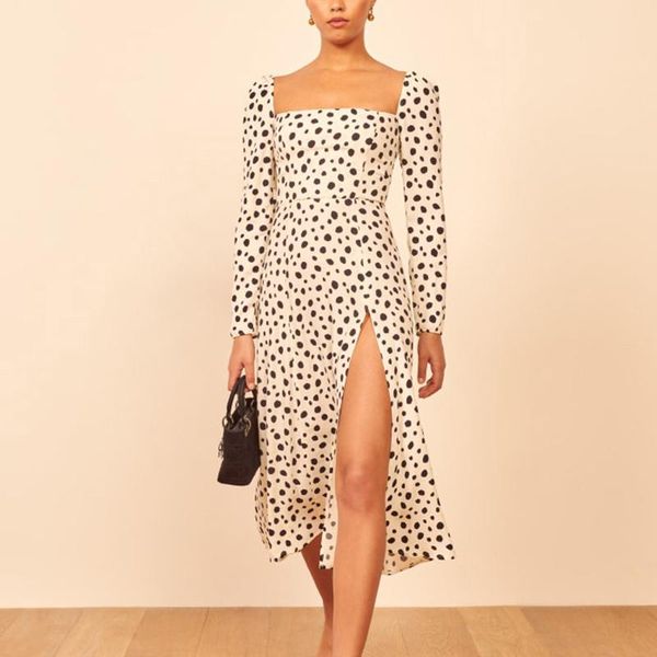 

casual dresses summer women's dress polka dot printed square collar long-sleeved slim vestidos, Black;gray