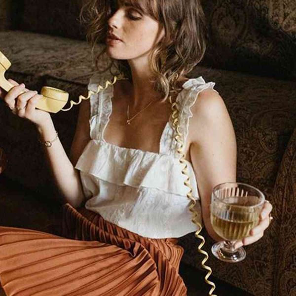 

women's knits & tees hermine floral embroidery blouse women summer sleeveless ruffles casual chic shirts vintage elegant tunic, White