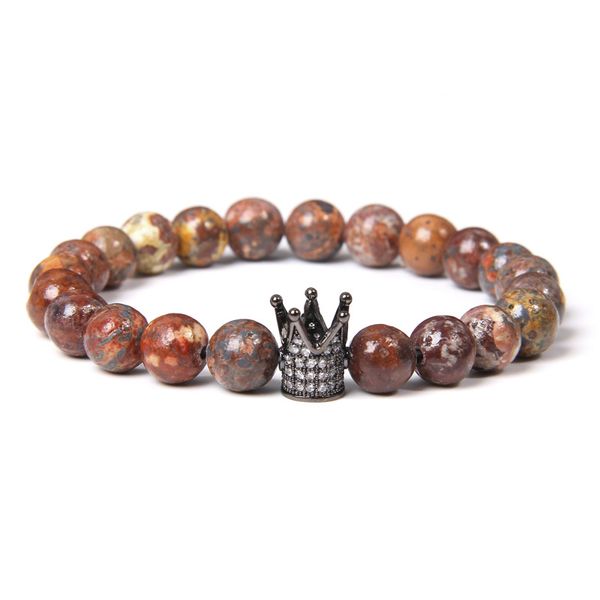 

natural stone beads bracelet trendy micro pave cubic zirconia crown charm bracelets women men couple bead bangles gift, Black
