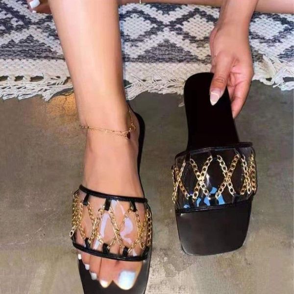 

slippers jaycosin women summer flat bottom chain decorative fashion slip-on women's large sand beach shoes sandals, Black