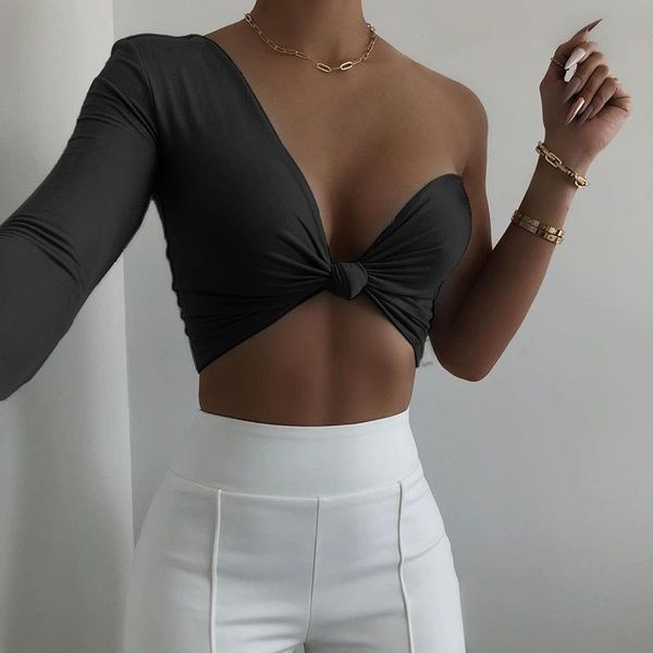 

women's blouses & shirts 2021 front knotted crop blouse women one shoulder long sleeve solid color summer autumn female, White