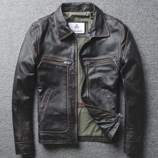 

men's leather & faux fashion genuine jacket cowhide casual short lapels motorcycle biker retro vintage coat, Black