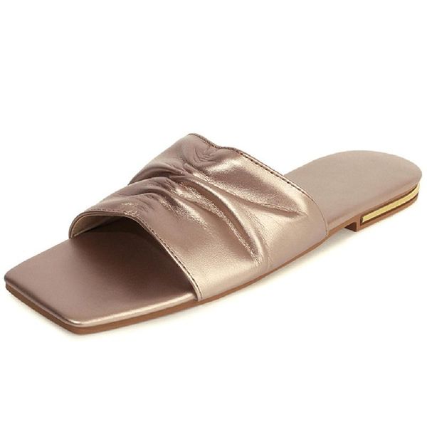 

summer flat slippers women square toe luxury gold silver mules shoes female casual slides lady fashion sandals beach, Black
