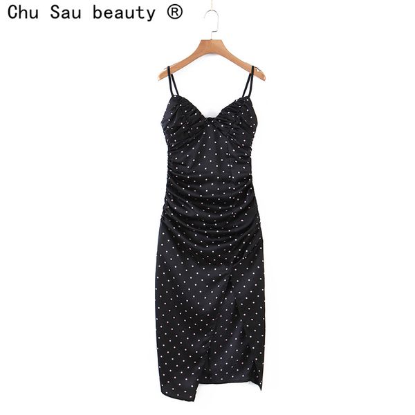 Verão sexy em v-pescoço V-Neck Preto Polka Dot Impressão Split Halter Strap Midi Vestido para Mulheres Vestidos de Mujer Casual 210508