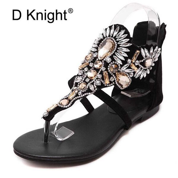 

crystal gladiator sandals women summer flip flops casual shoes woman slip on flats rhinestone black plus size 35-40 e22