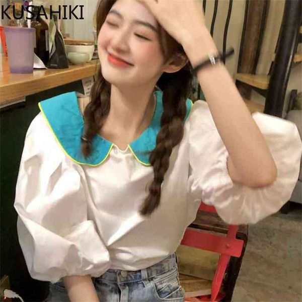 

korean hit color peter pan colalr blouse causal sweet puff sleeve woman shirts summer blusas feminimos 6h841 210603, White
