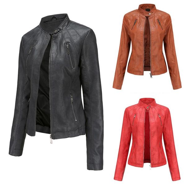 

women's jackets women leather jacket 2021 zippers spring autumn pu mandarin collar red motor biker coat female, Black;brown